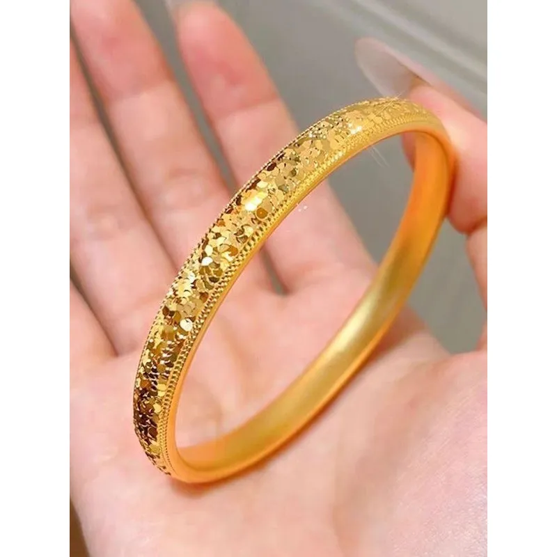 24k 999Gold "Clayfish Back" Crushed Ice Bracelet for Women, High-End Gold Plain Band, Ancient Style Solid Design