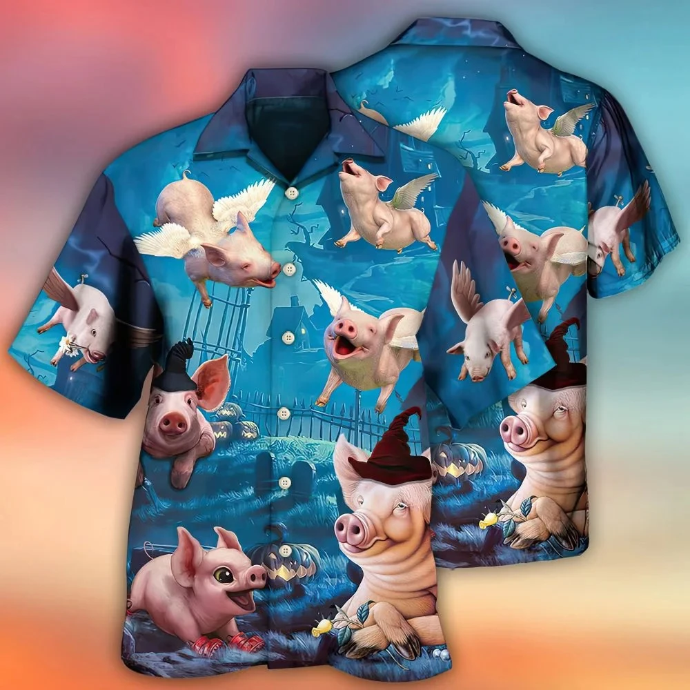 Summer Hot Sale Hawaiian Shirt For Men 3d Funny Surfing Pig printed Men's Beach T-shirt Oversized Cool Blouse Clothes Streetwear