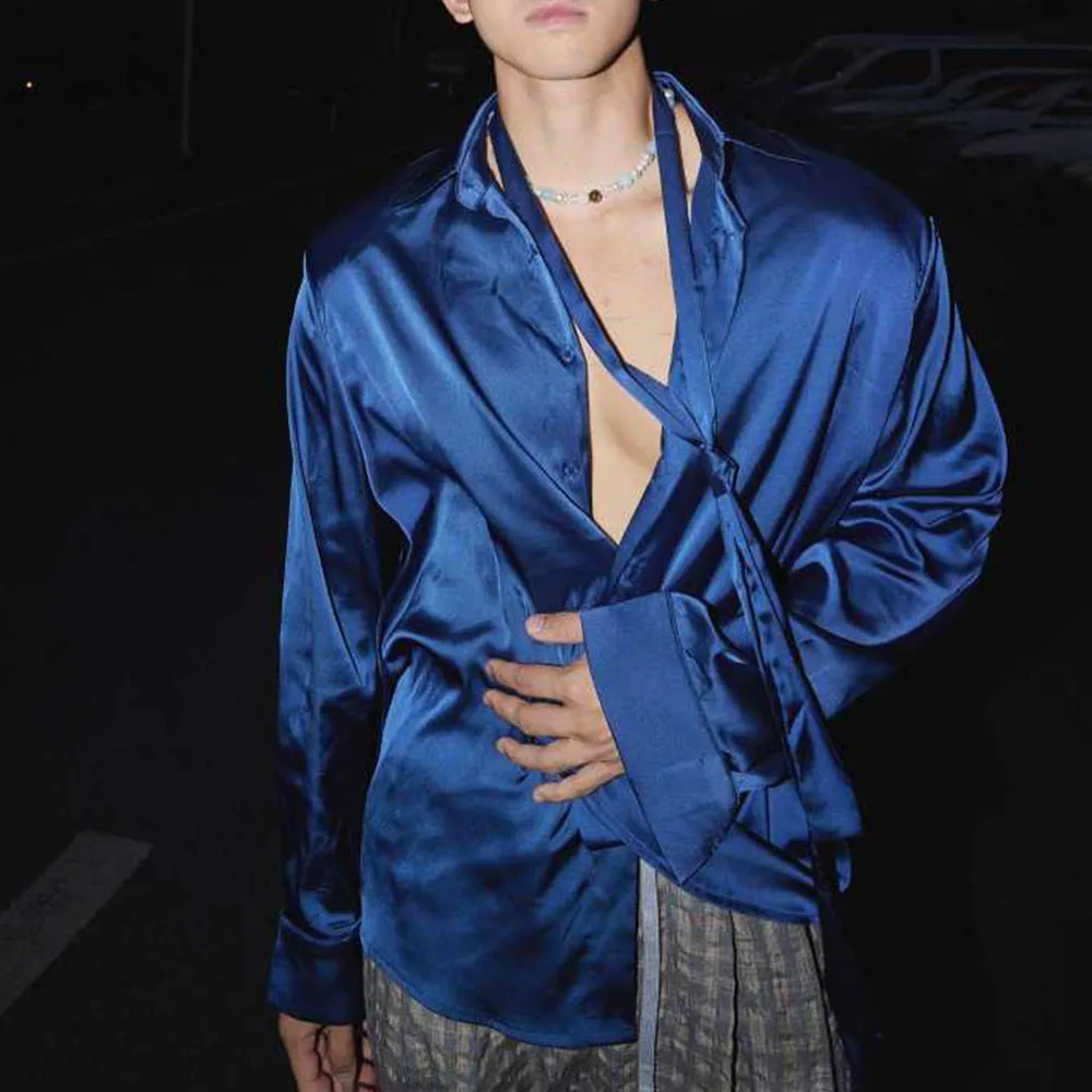 

Мужская рубашка с длинными рукавами из атласной ленты в американском стиле ретро, модные тенденции, свободные повседневные дышащие нишевые летние мужские топы High Street