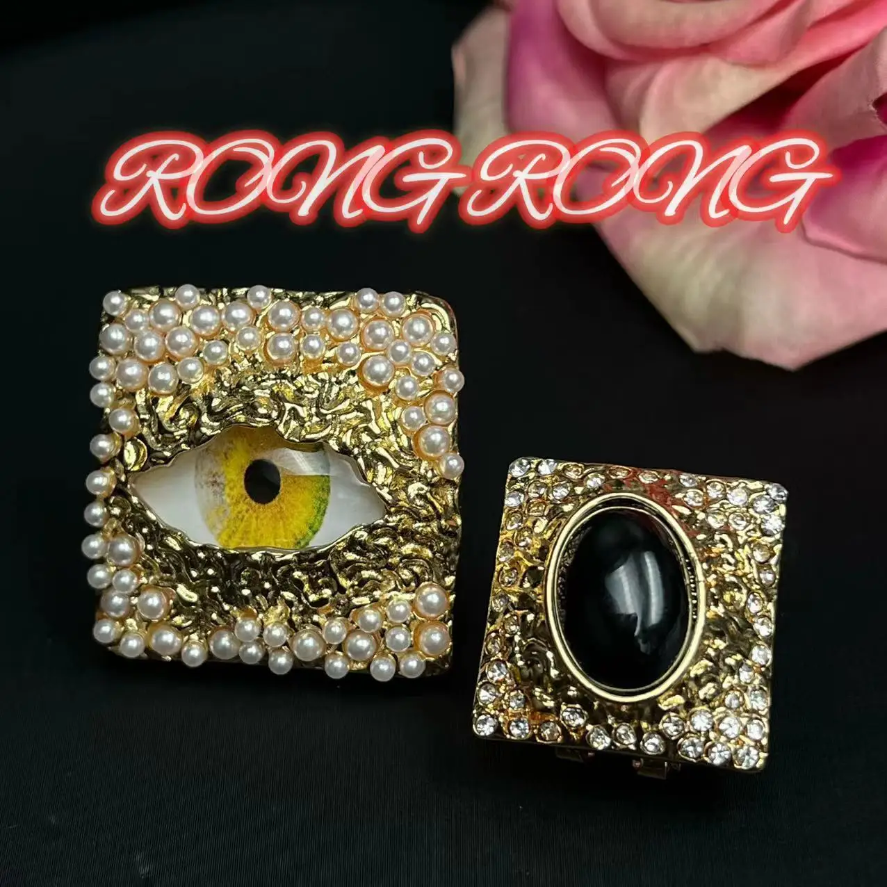 Medieval Retro Square Pearl Eye Stud Earrings Exaggerated Atmosphere Xiapa Heavy Industry Catwalk Ab Earrings Vintage