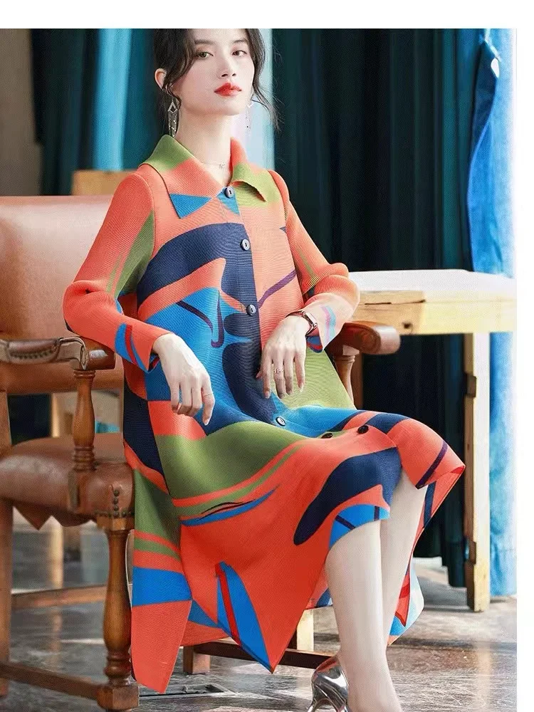 Miyake Clothing Commuter Color Contrast Printed Flip Collar Single Breasted Folded Wind Dress for Women, Crimson Split Dress