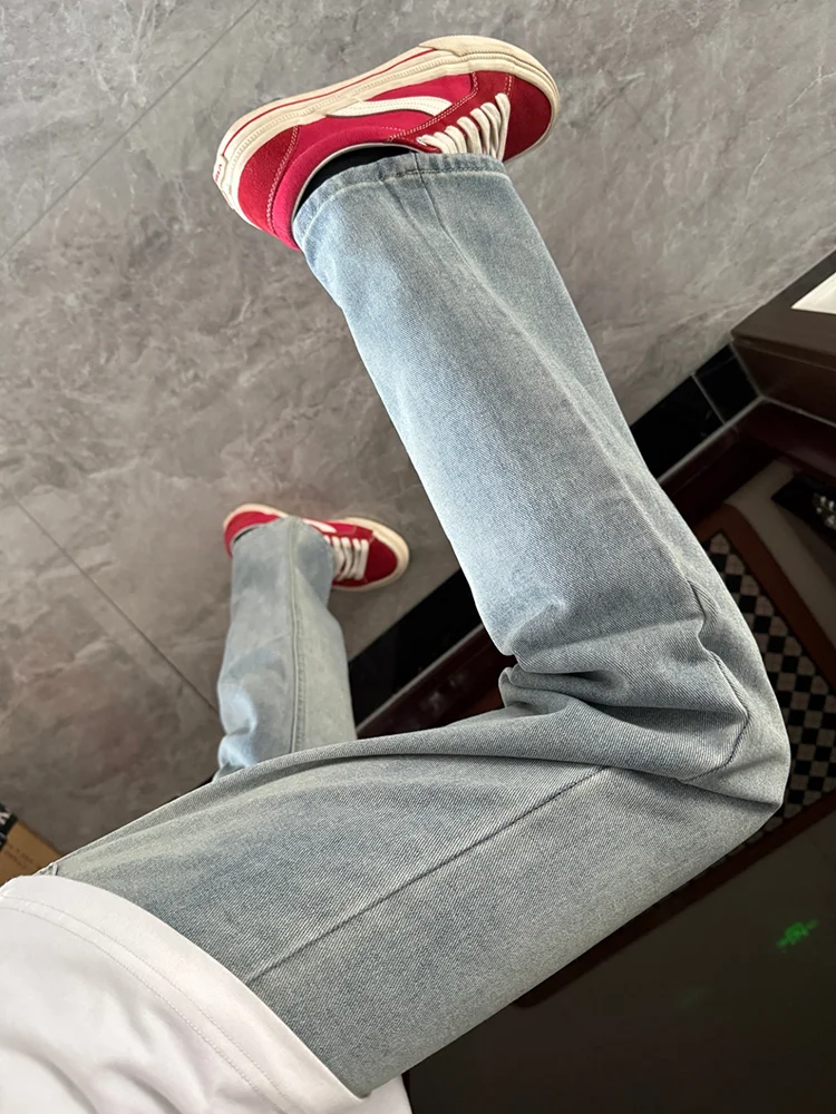 Light Blue Slim Straight Washed Jeans Men's Cleanfit Pants Leg Lengthening Slimming American Micro Flared Jeans Casual Youth ...