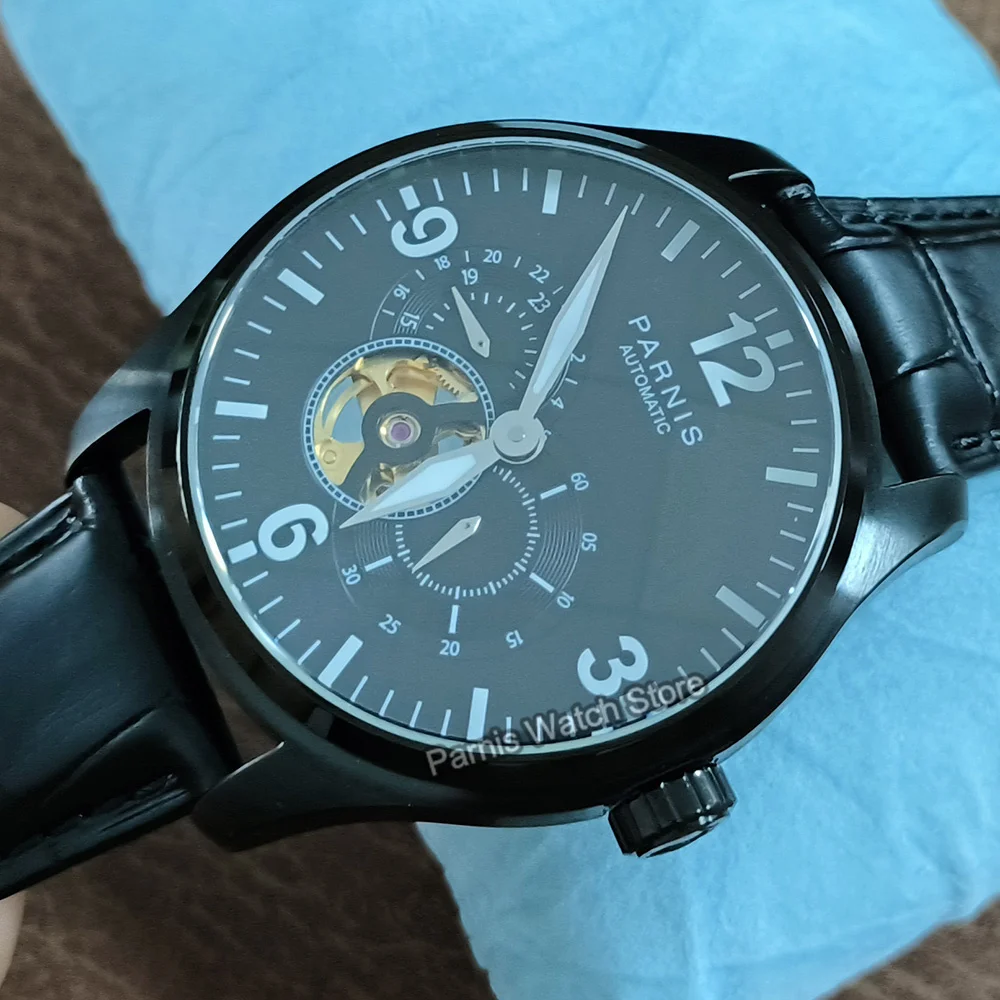 Parnis 44mm Miyota82S7 Automatic Sapphire Crystal Men's Mechanical Watch 24-hour Black Dial Stainless Steel Case