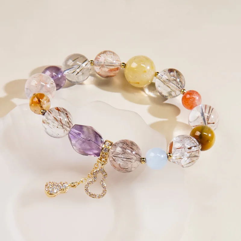 Colorful Natural Amethyst 8-12mm Crystal Beads Bracelet Clear Quartz Gemstone Hand Chain Bangle Multi Treasure Beads for Women