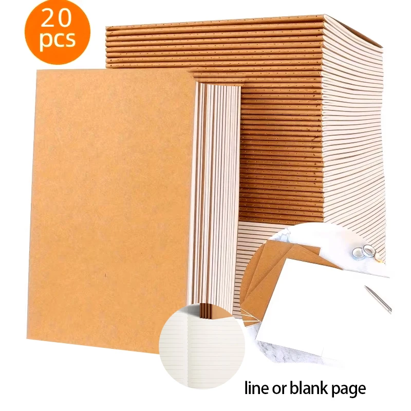 

20pcs A5 Blank/lined Paper Journal Notebooks with Kraft Paper Cover,72 Pages Composition Notebook,for Travelers, Office Supplies