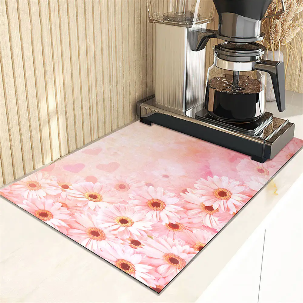 Floral Print Dish Drying Mat Super Absorbent Kitchen Counter Drain Pads Tableware Cup Bottle Sink Waterproof Non-slip Mats