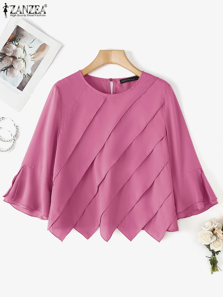 Summer Blouse 2025 ZANZEA Stylish Tops Women Asymmetrical Fashion 3/4 Flare Sleeve Solid Color Pleated Shirt Casual Blusas Tunic
