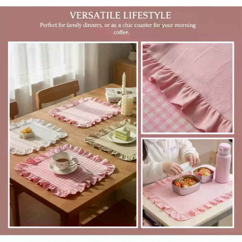 Pink Blue Stripe Ruffle Placemat Set Cute Table Decor For Kitchen Dining Room Br