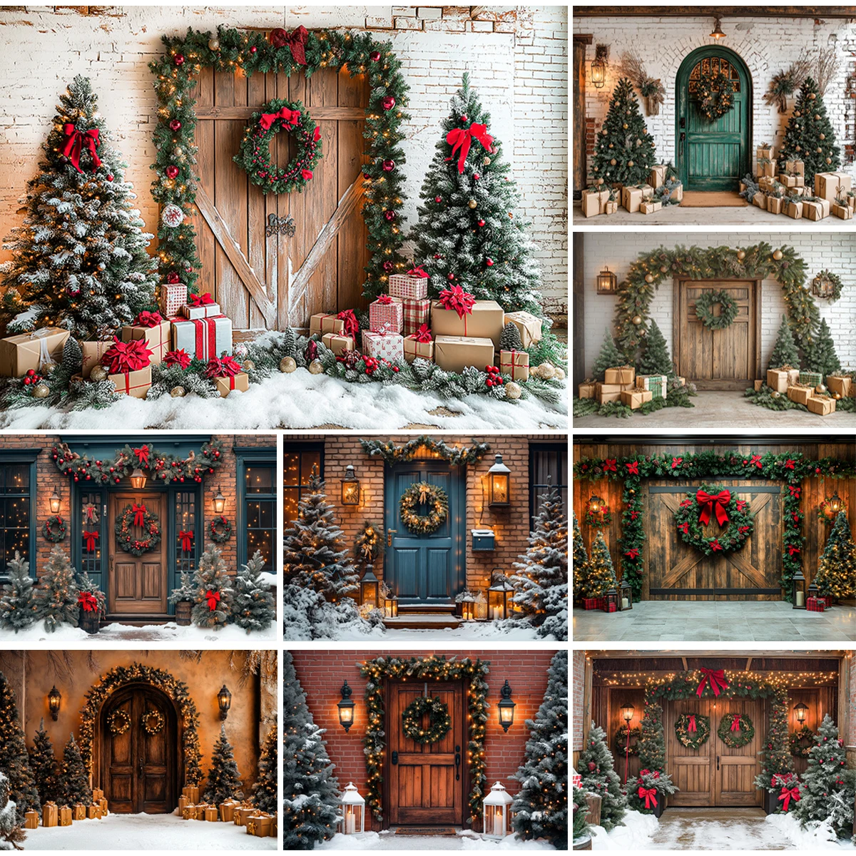 Winter Xmas Cottage Backdrops Kids Adult Photography Child Baby Photocall Wooden Door Wreath Christmas House Outside Backgrounds
