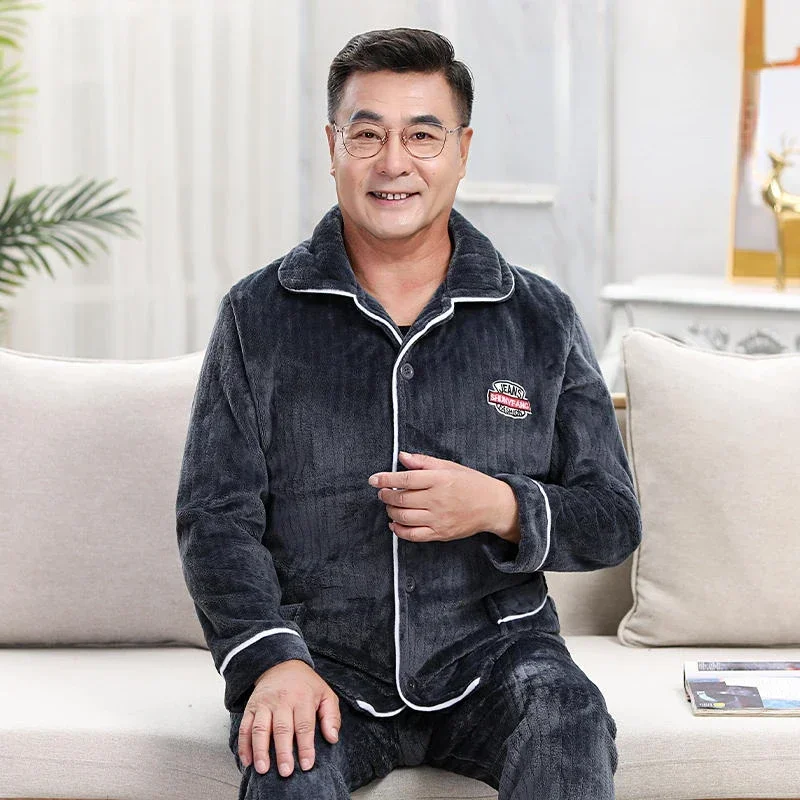 Middle Age Elderly Sleepwear Men's Coral Velvet Pajamas Thick Plush Autumn Winter Oversize Father's Flannel Home Clothing Set