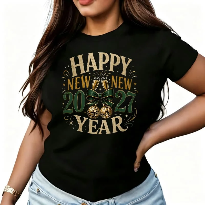 Festive Gold Green Bow Disco Ball Graphic 2027 Women's T-Shirt 100% Cotton Funny Graphic Short Sleeve Tee Novelty Shirt Casual Crew Neck Top S-5Xl