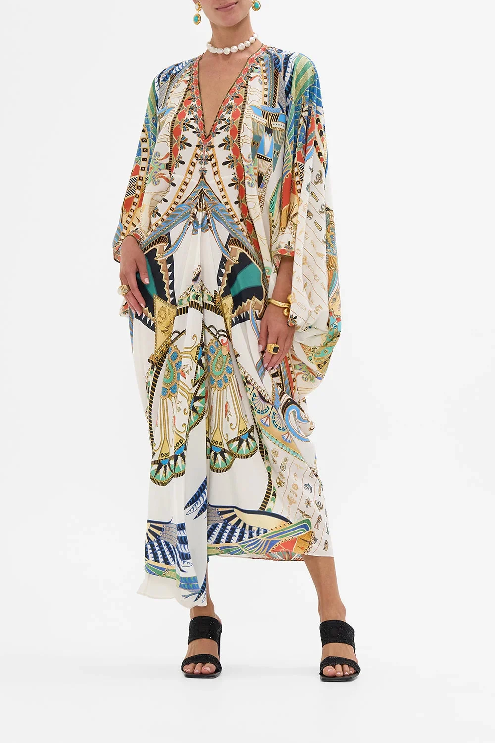 Women Flower Printed V-Neck Beaded Cloak Style Loose 100% Silk Long Dress