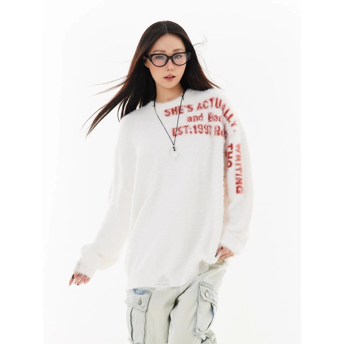 

American Sle Loose Knitted Sweater Autumn Winter Brued Fur Simulation Letter Pattern Couple's Soft And Warm Knitwear