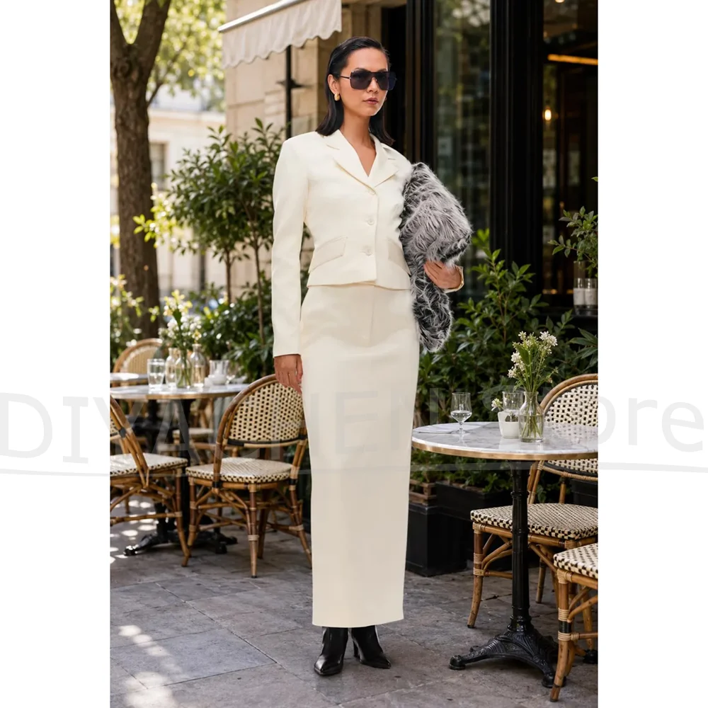 Women 2 Piece Suit Set Cropped Blazer And Long Skirt Elegant Notched Lapel Office Formal Outfit Ladies Wedding Party Suits