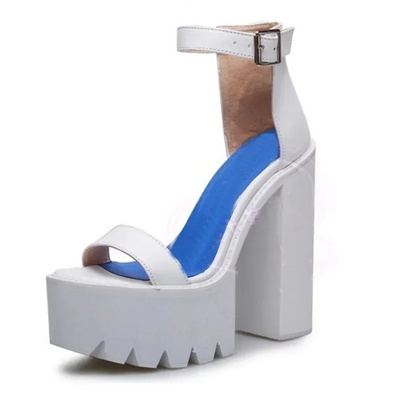 2025 Thick Heels Sandals Platform Leather Black White High Heels Peep Toe Buckle Woman Gladiator Shoes Block High Heel Summer