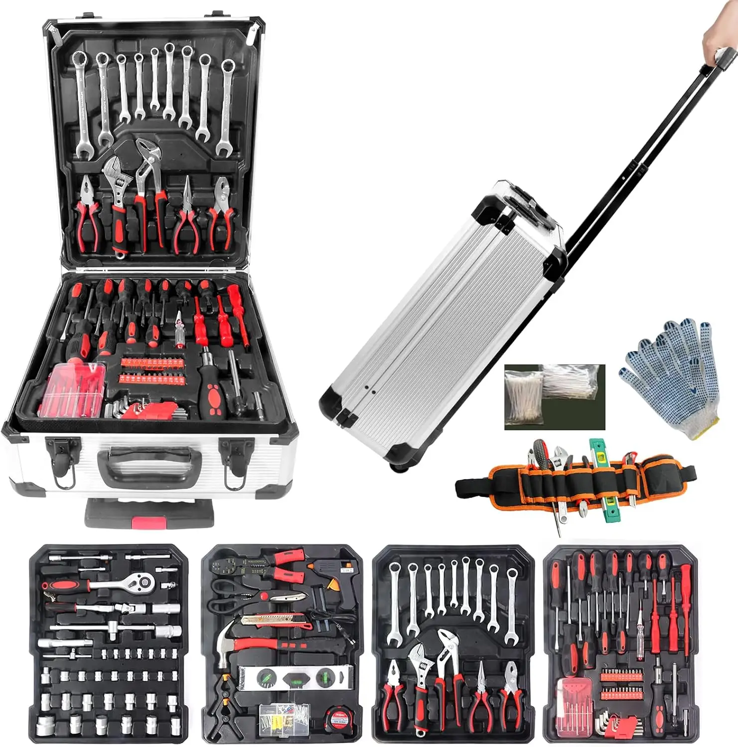 Tool Box with Tools, Kit with Rolling Box, Complete Box Set,Household Set, Aluminum Trolley Case Set