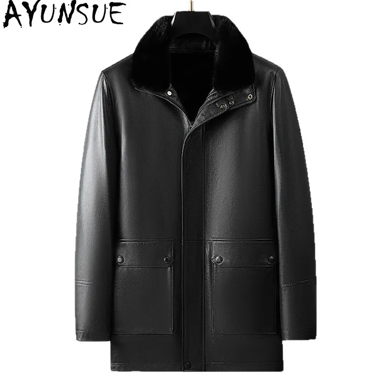 

AYUNSUE 100% Genuine Cow Leather Jackets Man 2025 Winter High-end Mink Fur Liner Coat Mid-length Warm Fur Coats Leather Jacket