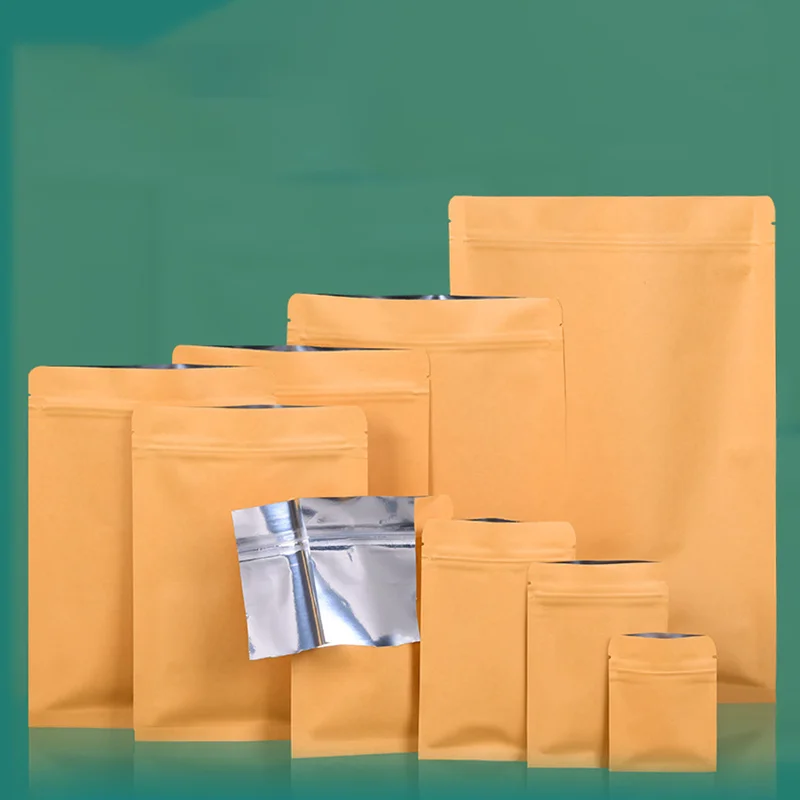 TETP Flat Bottom Kraft Paper Zip Lock Bag Aluminized Foil Inside Moisture Proof Reclosable Heat Seal Pouches Food Grade Packag