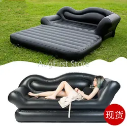 2 In 1 Thicken Home Outdoor Wavy Inflatable Sofa Padded Outdoor Folding Portable Inflatable Bed Lazy Sofa with Air Pump (220V)