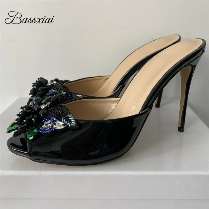 

Bling Crystal Butterfly-Flower Decor Sandals Women Luxury Patent Leather 10cm Stiletto Heel Slingbacks Summer Mules