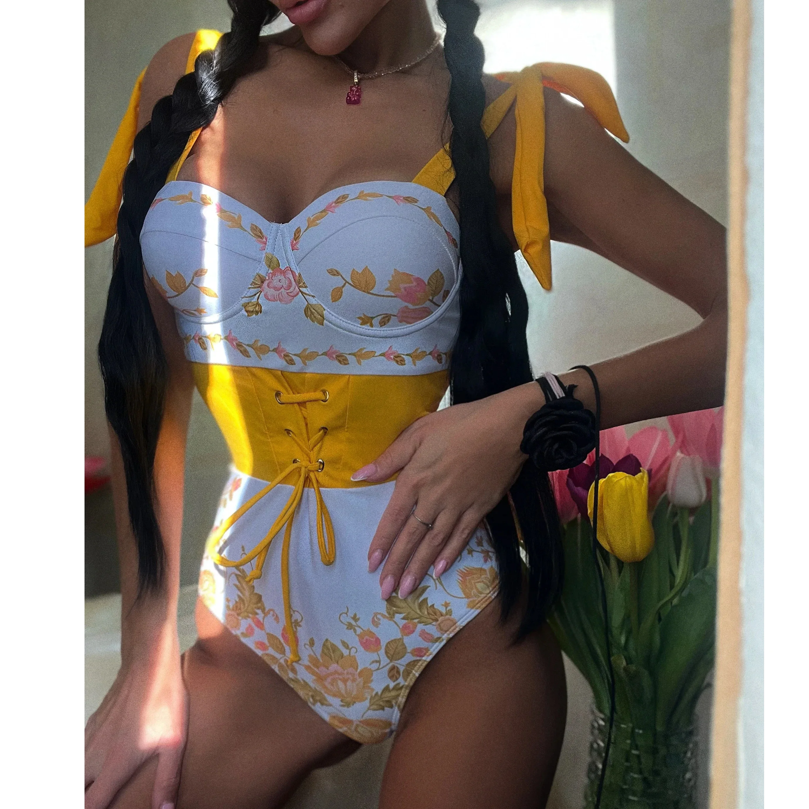 2024 New Swimwear Women Push Up One Piece Swimsuit Print Tummy Control Vintage Retro Underwire Bathing Suit Bodysuit Monokini