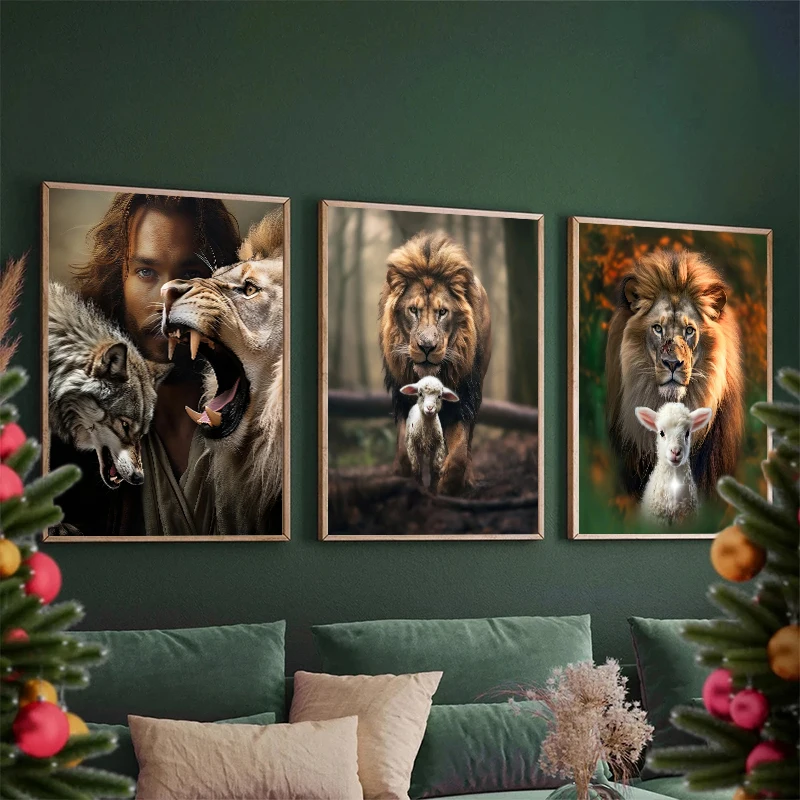 1pc Frameless Canvas Painting Retro Lamb of God and Cross Scared Heart of Jesus Poster Christian Religion Canvas Painting Wall A