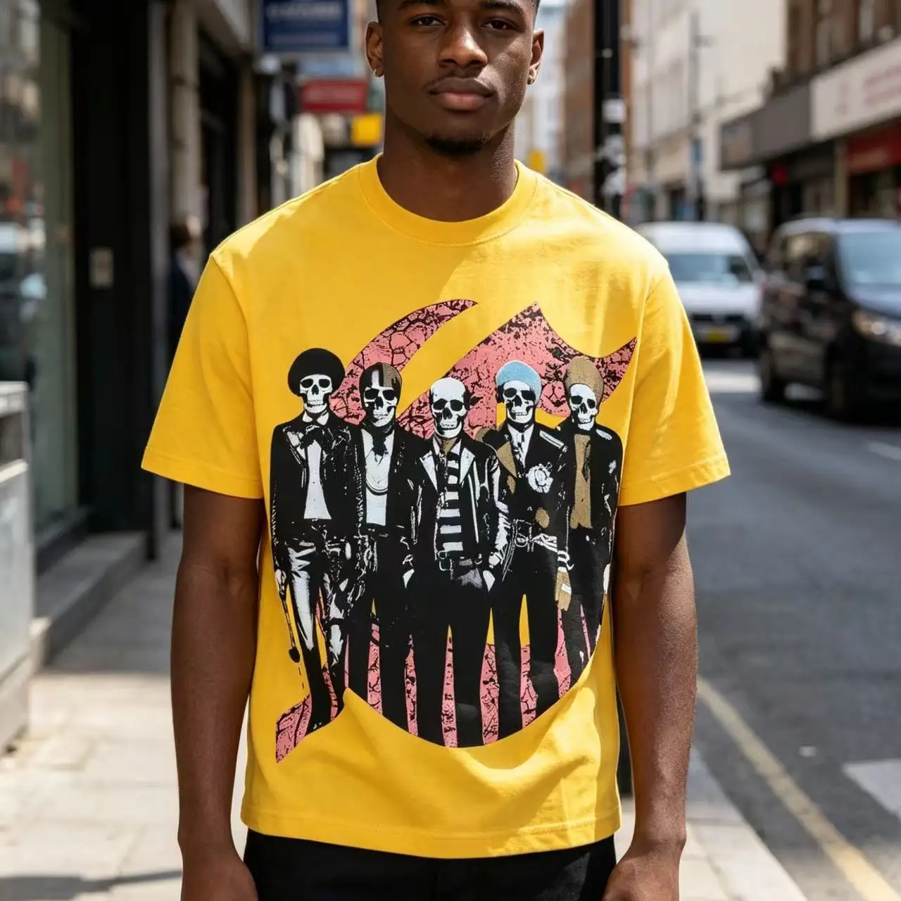 Godspeed Retro Skeleton Guitar American Streetwear Loose Fit Pure Cotton Short Sleeve T-Shirt High Street Hip Hop Style