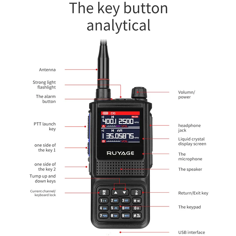 Ruyage-UV1D-estación de Radio bidireccional para aficionados, Walkie Talkie de 256 canales de banda aérea, escáner de policía a Color con pantalla LCD NOAA, 5W y 6 bandas