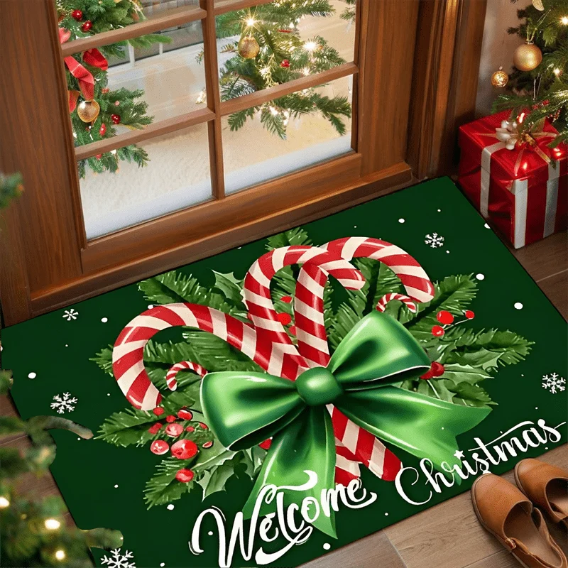 Single Piece of Christmas-Themed Candy Cane Welcome Mat - One Unit, Made of Flannel with a Low Pile, Suitable for Living Room, Bedroom, Bathroom, Kitchen, And