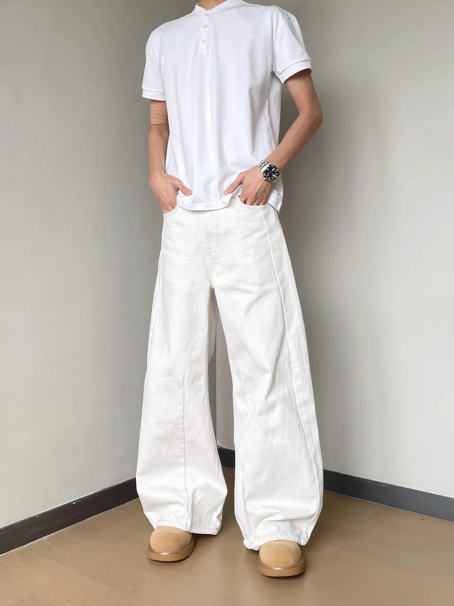 

Американские винтажные повседневные белые джинсы с ножом, нейтральные мешковатые широкие брюки для отдыха, молодежные всесезонные брюки