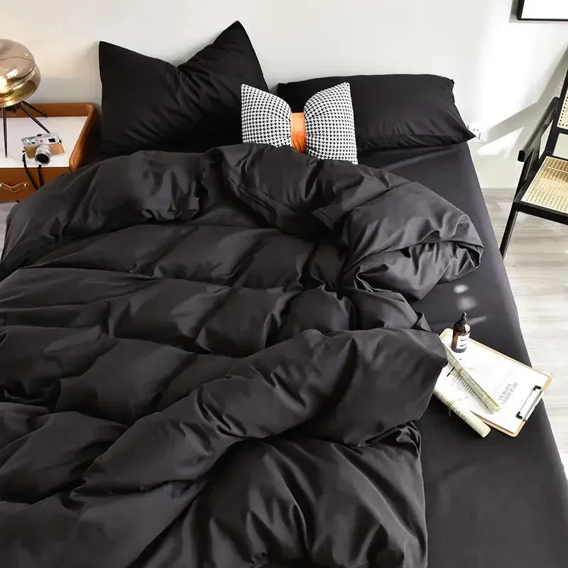 Korean Solid Color Duvet Cover Sheet Bedding Set Black Housse De Couette Queen/King Size High Quality Plain Dyed Bed Cover