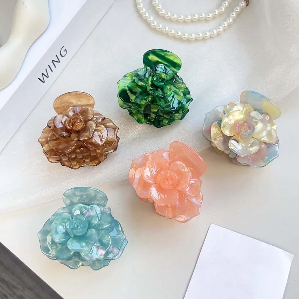 

Elegant Camellia Hair Claw Gradient Color Korean Style Flower Shark Clip Creative Hairgrips Acetic Acid Hair Claw Daily
