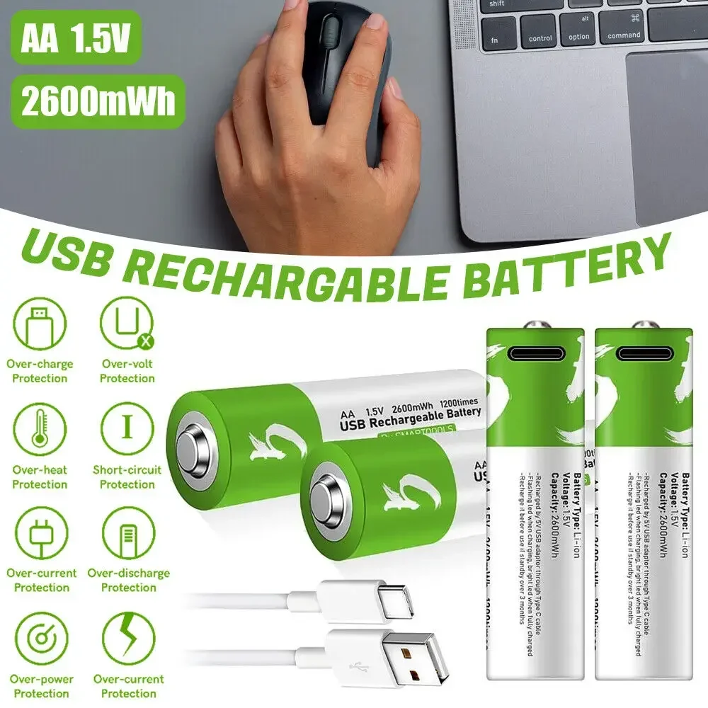 Original 1.5V AA USB Rechargeable Batteries 2600 MWh Li-ion Battery for Remote Control Mouse Electric Toy Battery