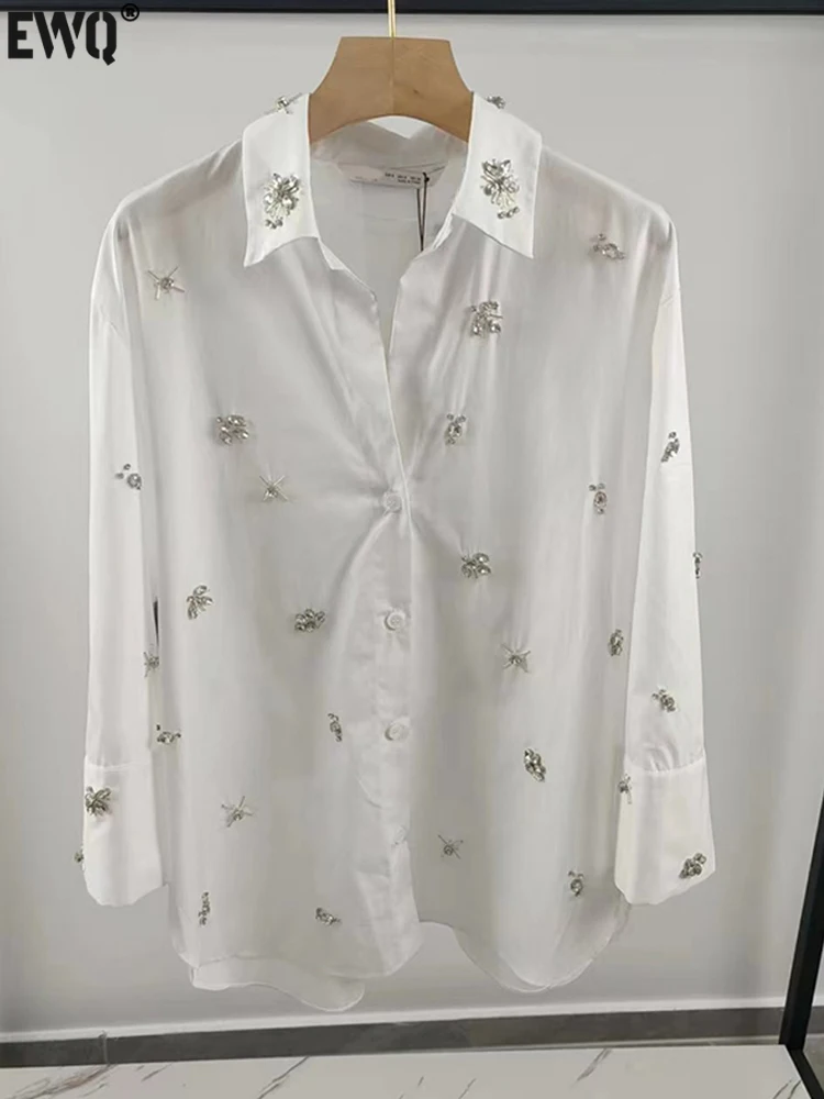 [EWQ] Crystal Beading Decoration White Shirt For Women Nine Quarter Sleeve Loose Temperament Blusas Spring 2024 Autumn 16U4164