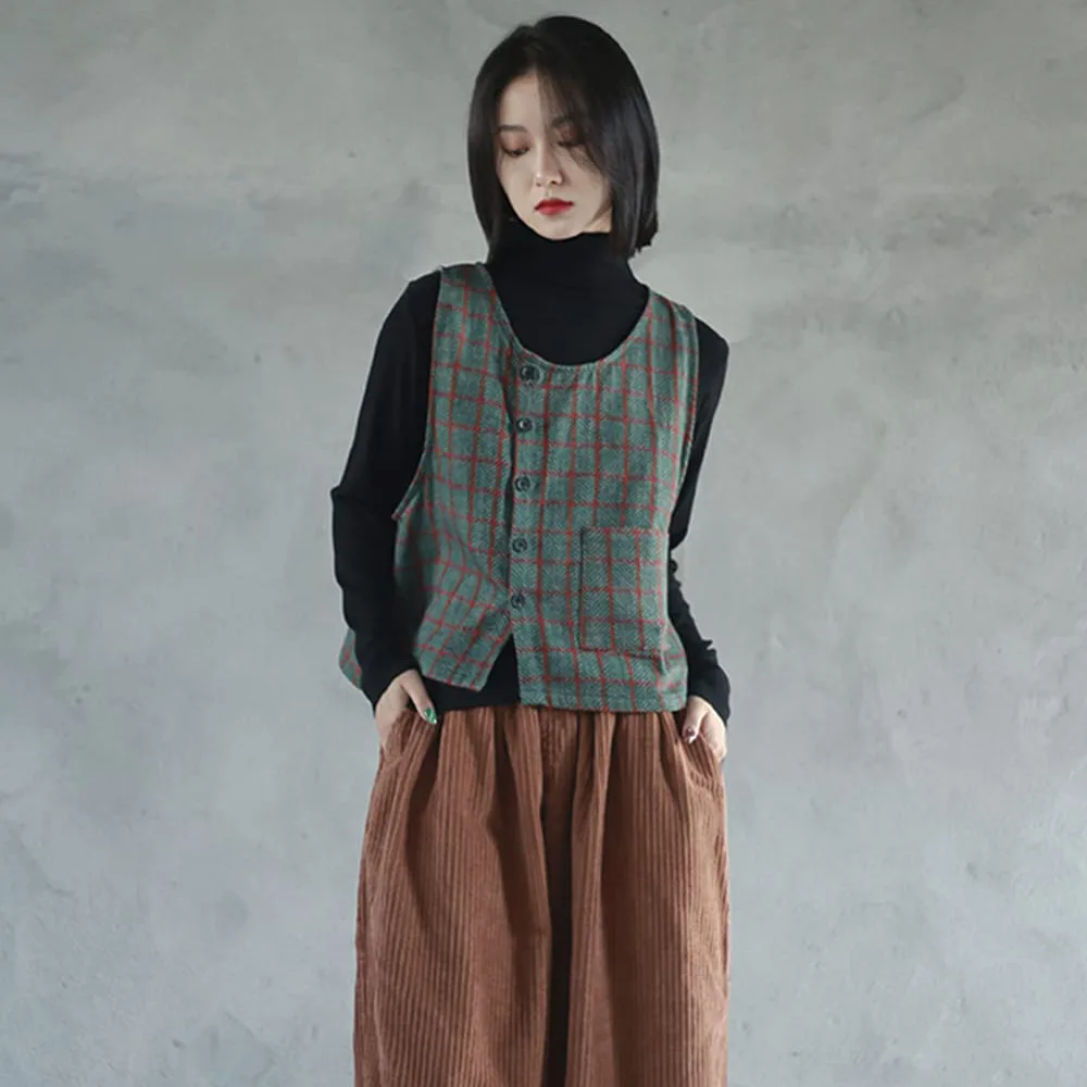 Sen femmes printemps coton lin Vintage grille costume gilet sans manches bouton décontracté veste courte haut bas gilet avec poches