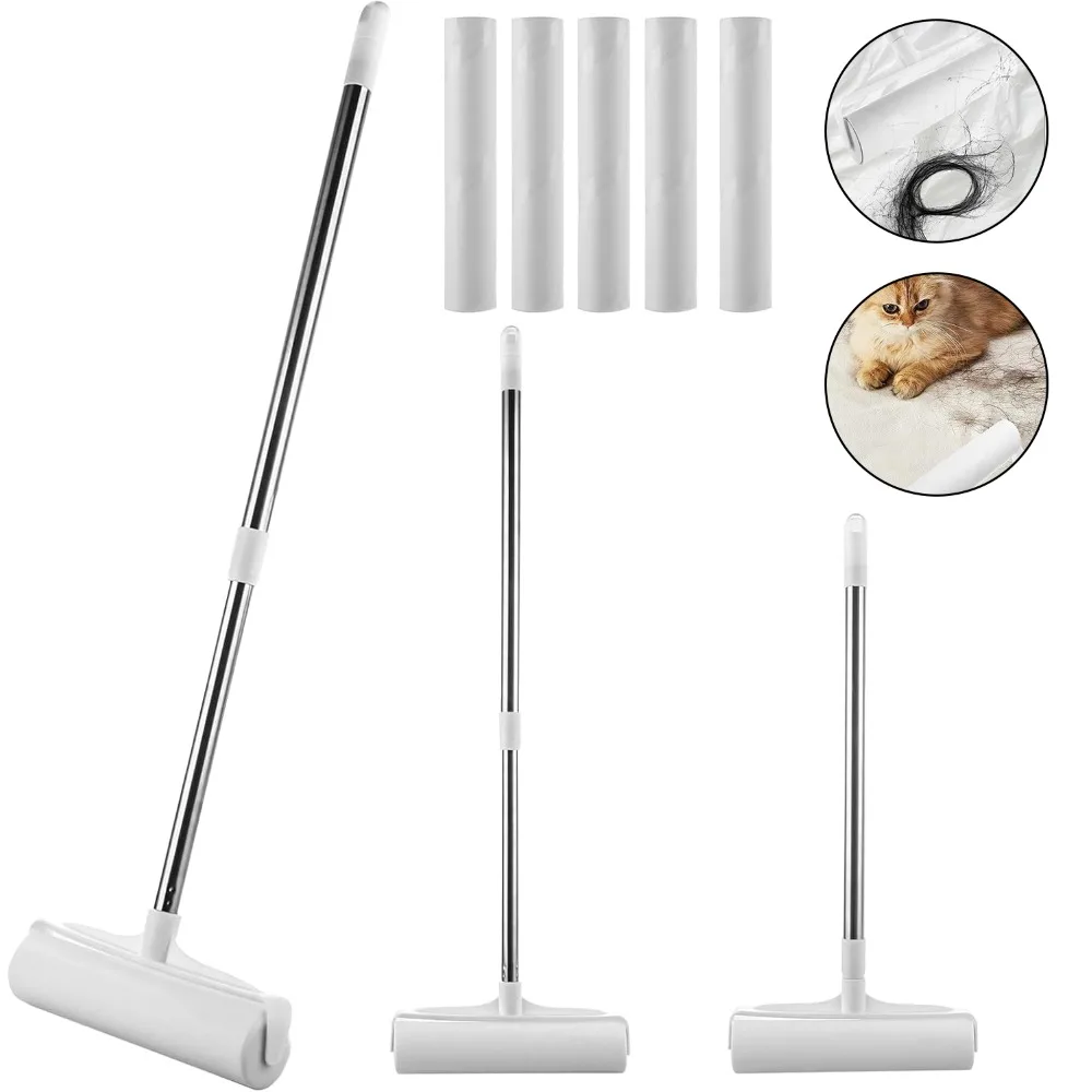 Rouleau anti-poils télescopique pour poils d'animaux, manche réglable, serpillière extra collante pour nettoyer les tapis et les sols, 5 recharges