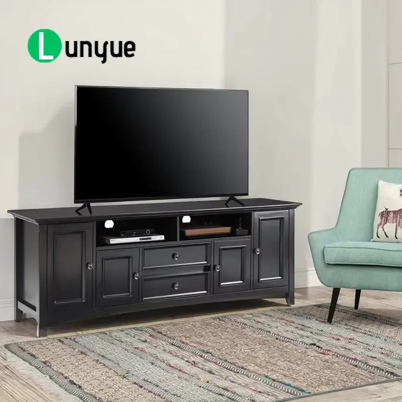 72 Inch Black TV Cabinet with Locker Living Room Entertainment Center Modern Media Console Storage Unit for Home Theater