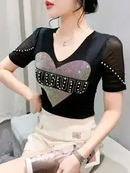 #5748 Yellow Pink Black Short Sleeve T Shirt Women V-neck Diamonds Sexy Short Tshirt Skinny Split Joint Party Streetwear Tee