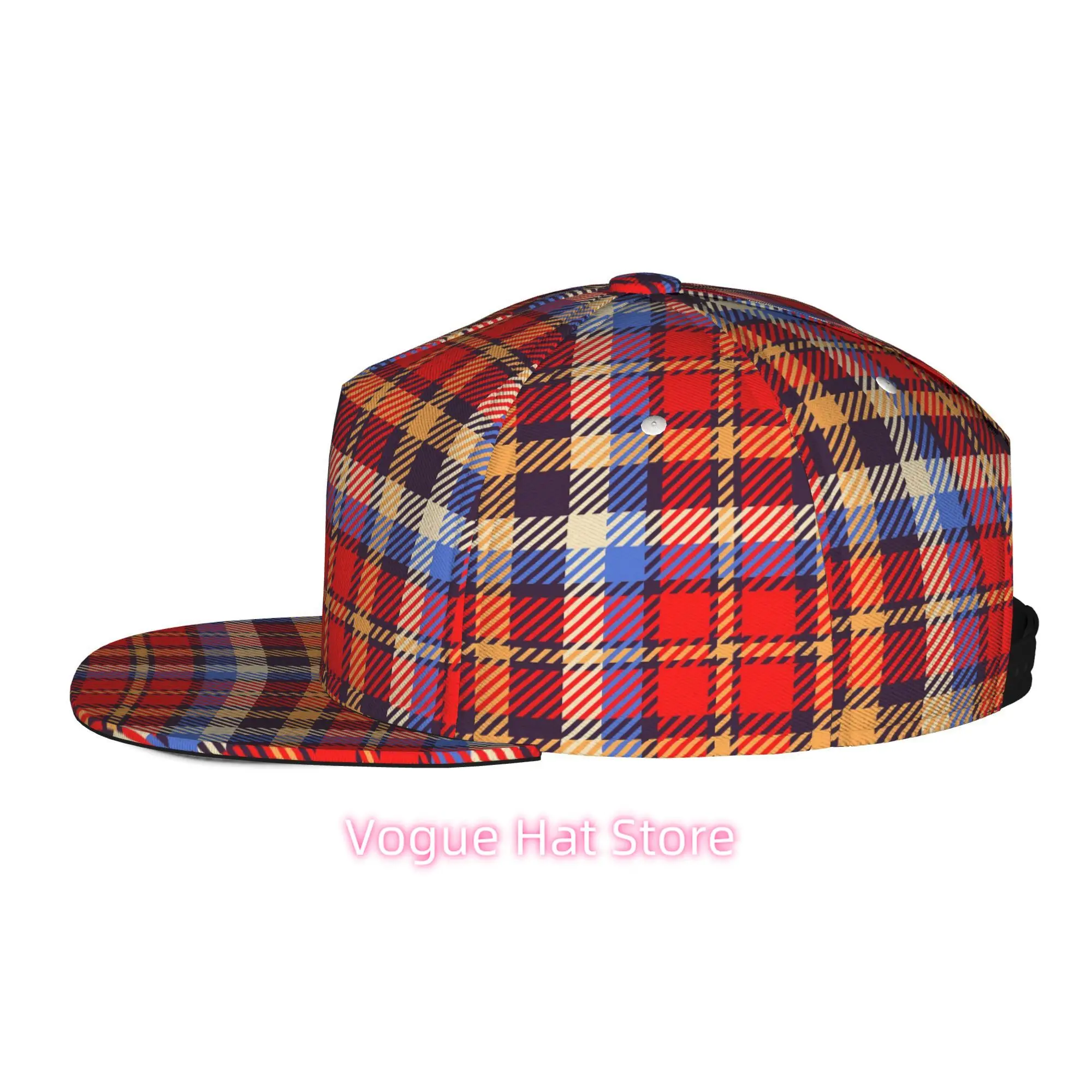 Men's & Women's Baseball Cap Adjustable Snap-On Brim Flat-Top Tartan Plaid Cap Suitable for Casual Outdoor, Machine Washable Lig