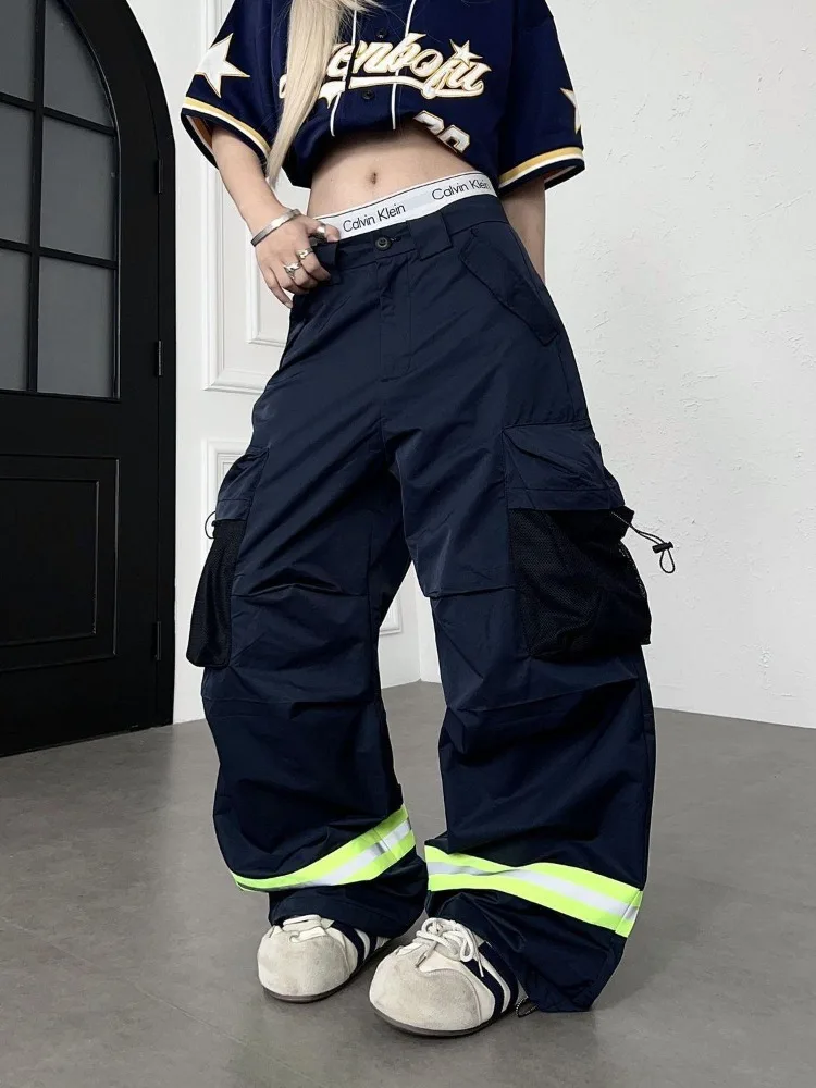 Women's Multi Pocket Reflective Strip Design Pants Unisex High Waisted Trousers Casual Summer Bottoms Female Wide Leg Sweatpants