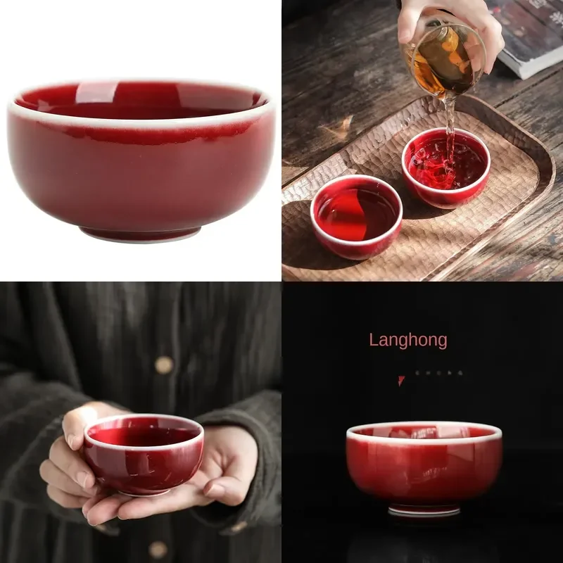 

【CHIMU HOME】 Lang Red Fu Sheng Cup for Red Wedding Blessing Set Jingdezhen Red Glaze Porcelain Kung Fu Set Large