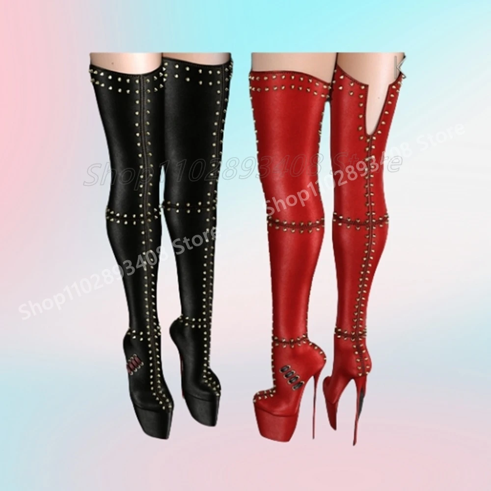 

Black Metal Rivets Over the Knee Boots Cross Tied Platform Stiletto High Heel Fashion Sexy Women Shoes 2025 Autumn Para Mujere