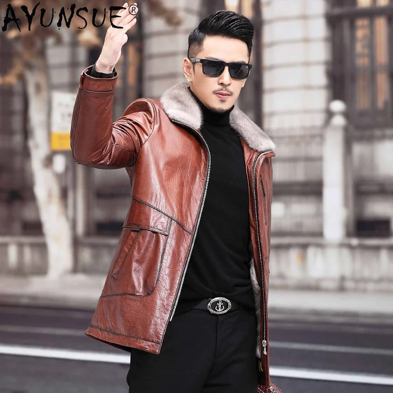 

AYUNSUE Genuine Cowhide Leather Jacket Men 2024 Winter Mink Fur Collar Coats Men's Clothing Warm Parkas Jaqueta Masculina Gxy254