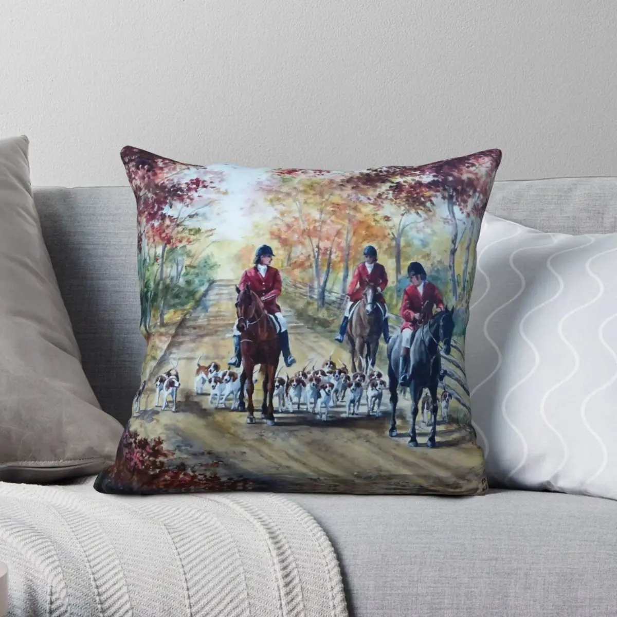 Road Equestrian Hunt Scene Square Pillowcase Polyester Linen Velvet Printed Zip Decorative Throw Pillow Case Sofa Cushion Cover