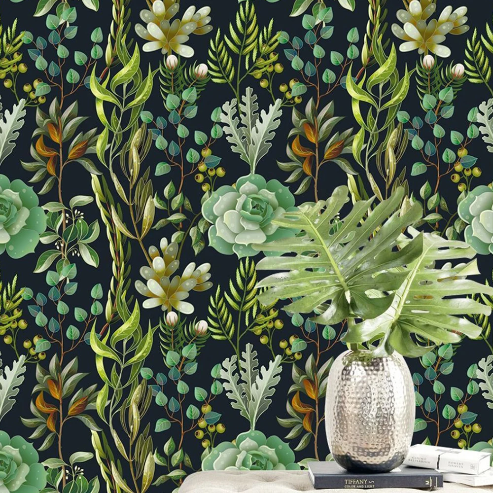Dark Botanical Wallpaper Self Adhesive Tropical Greenery & Succulent Print Peel and Stick Wall Sticker for Kitchen Cabinet DIY