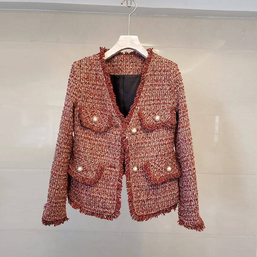 Fashion New Autumn Winter High Quality Luxury Women Tweed Wool Tassel V Neck Pearl Button Long Sleeve Jacket Outwear