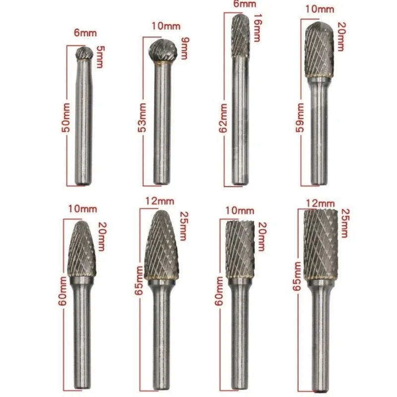 Mini Drill Diamond Burs Material Accessories Rotary File Metal Milling Cutter Tool 8pcs Tungsten Steel Grinding Head 6mm Carbide