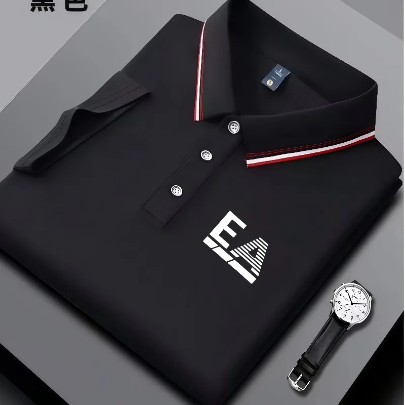 Men's summer polo shirt with EA logo, short sleeved striped collar, summer breathable casual business top