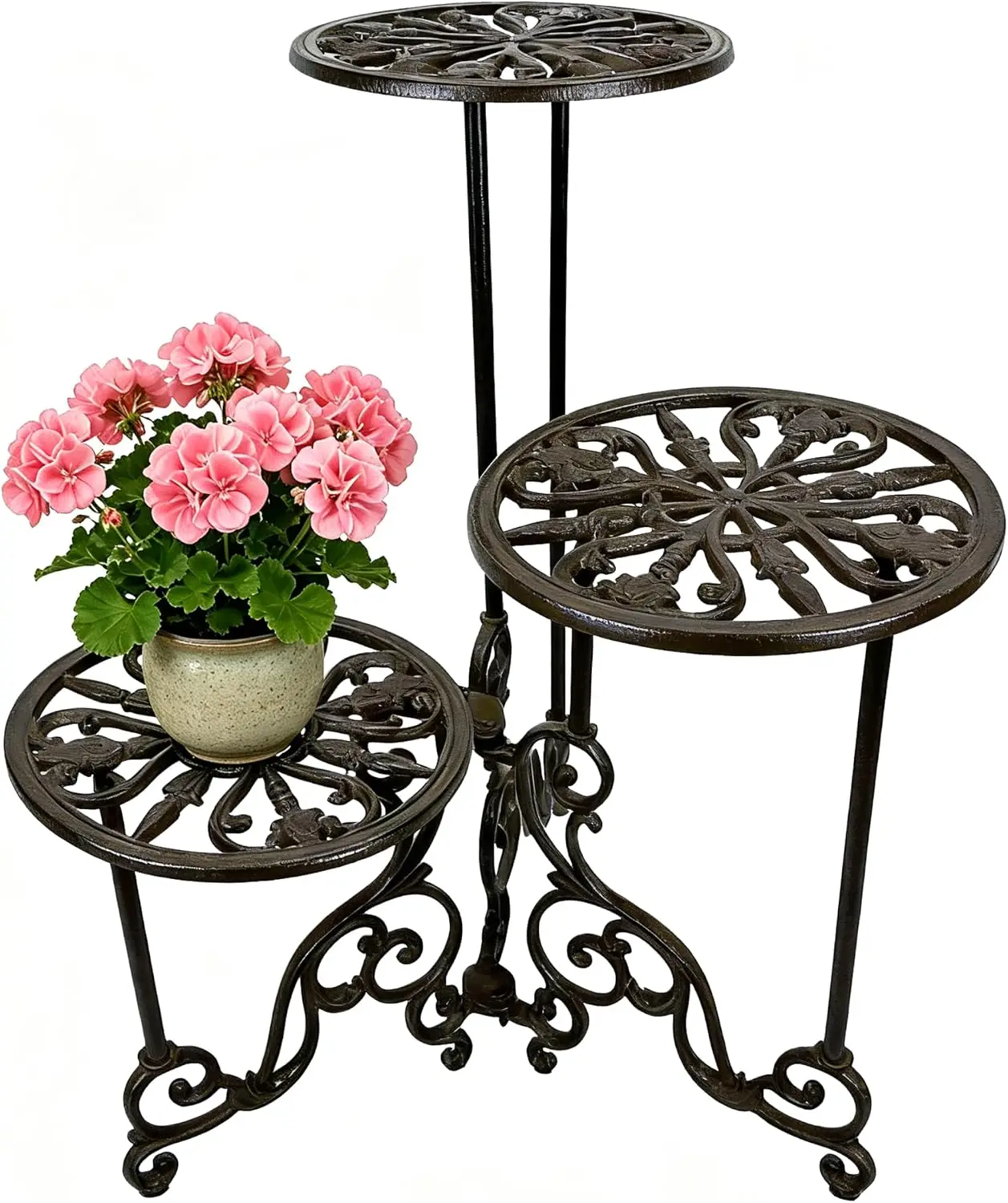 Cast Iron Plant Stand, 3 Tier Vintage Flower Pot Holder For Patio Balcony Living Room Garden, Heavy Duty Metal Corner Display Shelf In Black, 1 Pack