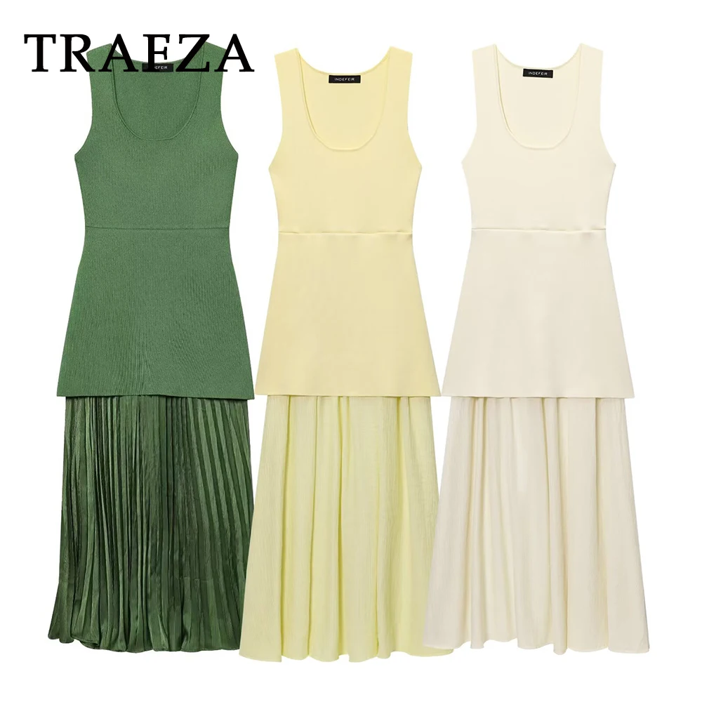 

TRAFZA Chic Elegant Solid Knit Women Patchwork Dress Long Sleeveless Slim Dress Fashion 2025 Summer Draped Women's Vestidos